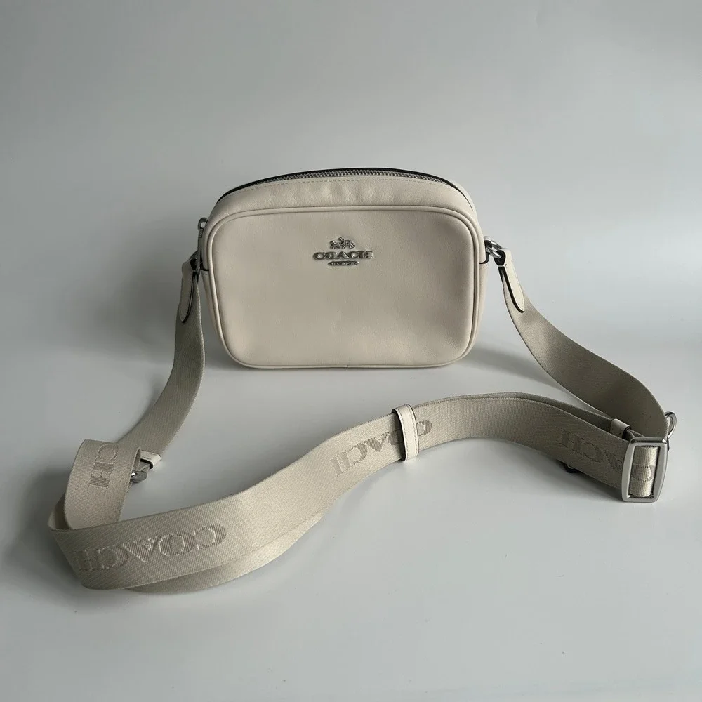 Coach Mini Jamie Chalk White Pebbled Leather Camera Bag Excellent